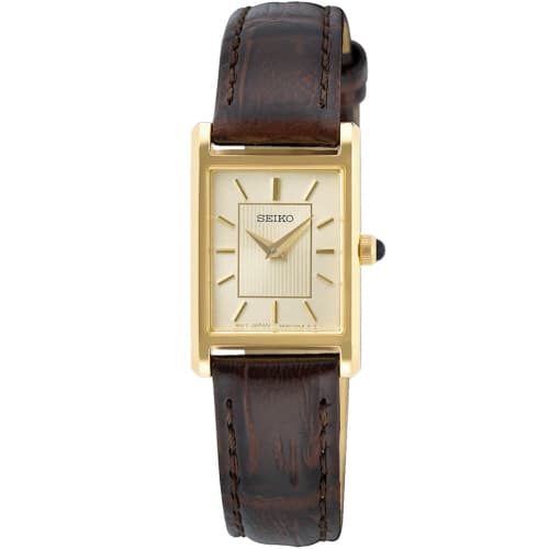 Seiko Women's Square Quartz Watch SWR066 with Champagne Gold Dial and Brown Leather Band