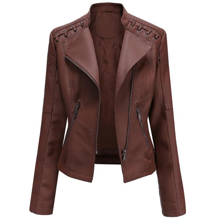 Stylish Women Faux Leather Moto Jacket Retro Lacing Detail PU Biker Coat Casual Zip Up Outerwear Slim Fit Short Classic Plus Size S-4XL