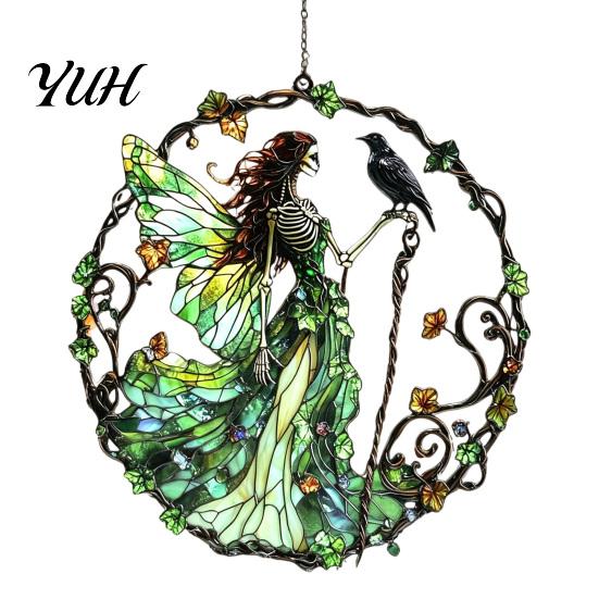 Colorful Light Catchers Stained Glass Style Skeleton Fairy Window Hanging Suncatcher, Acrylic Decorative Ornament with Butterfly Wings Sun Catcher for