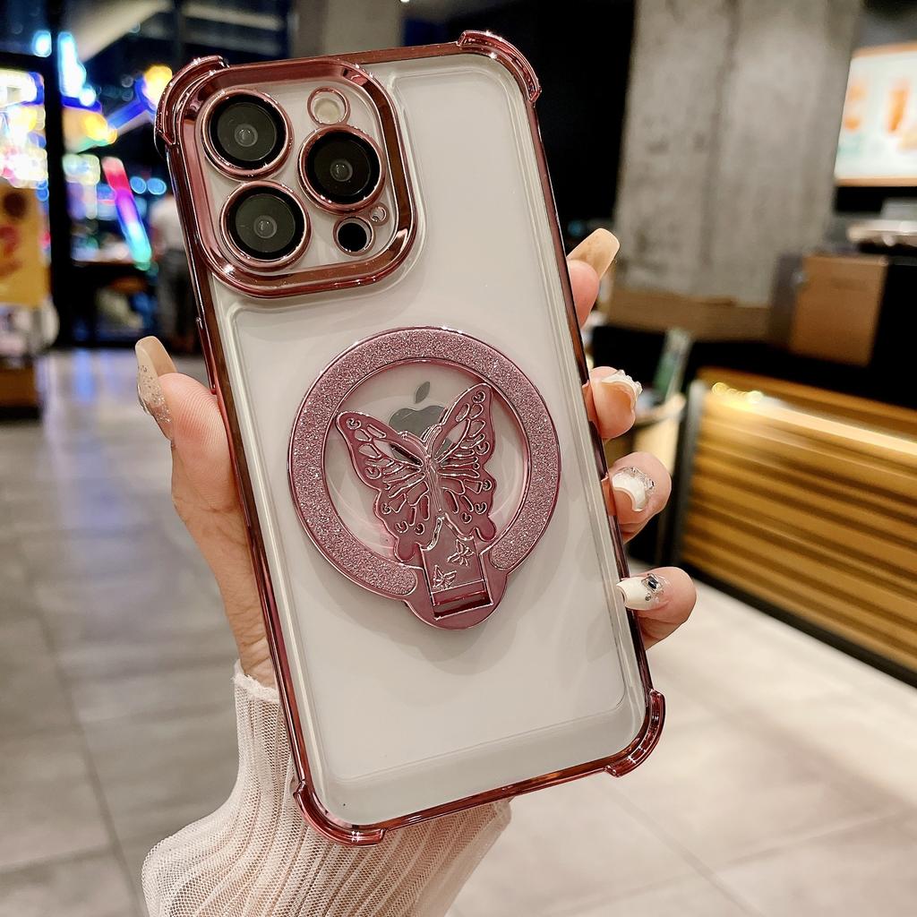Applicable to iPhone17 mobile phone case electroplating airbag anti-drop butterfly glitter magnetic suction bracket Apple 16PROMAX hard