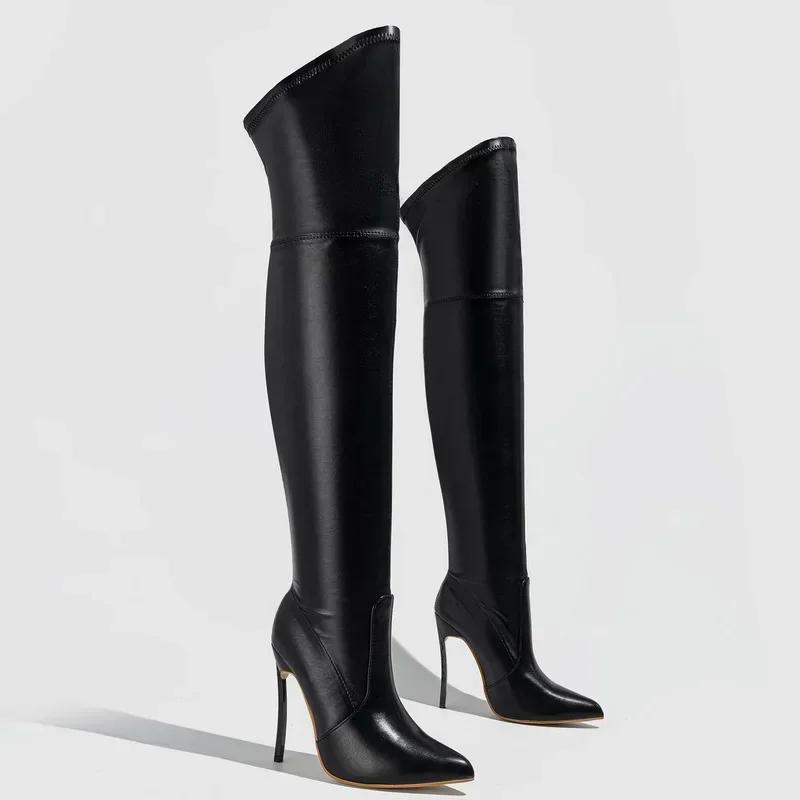 Женские сексуальные эластичные ботфорты из ПУ на высоком тонком каблуке длинные сапоги для офиса ночного клуба вечеринки свадебного банкета Botas De Mujer 35 чёрный 4790₽