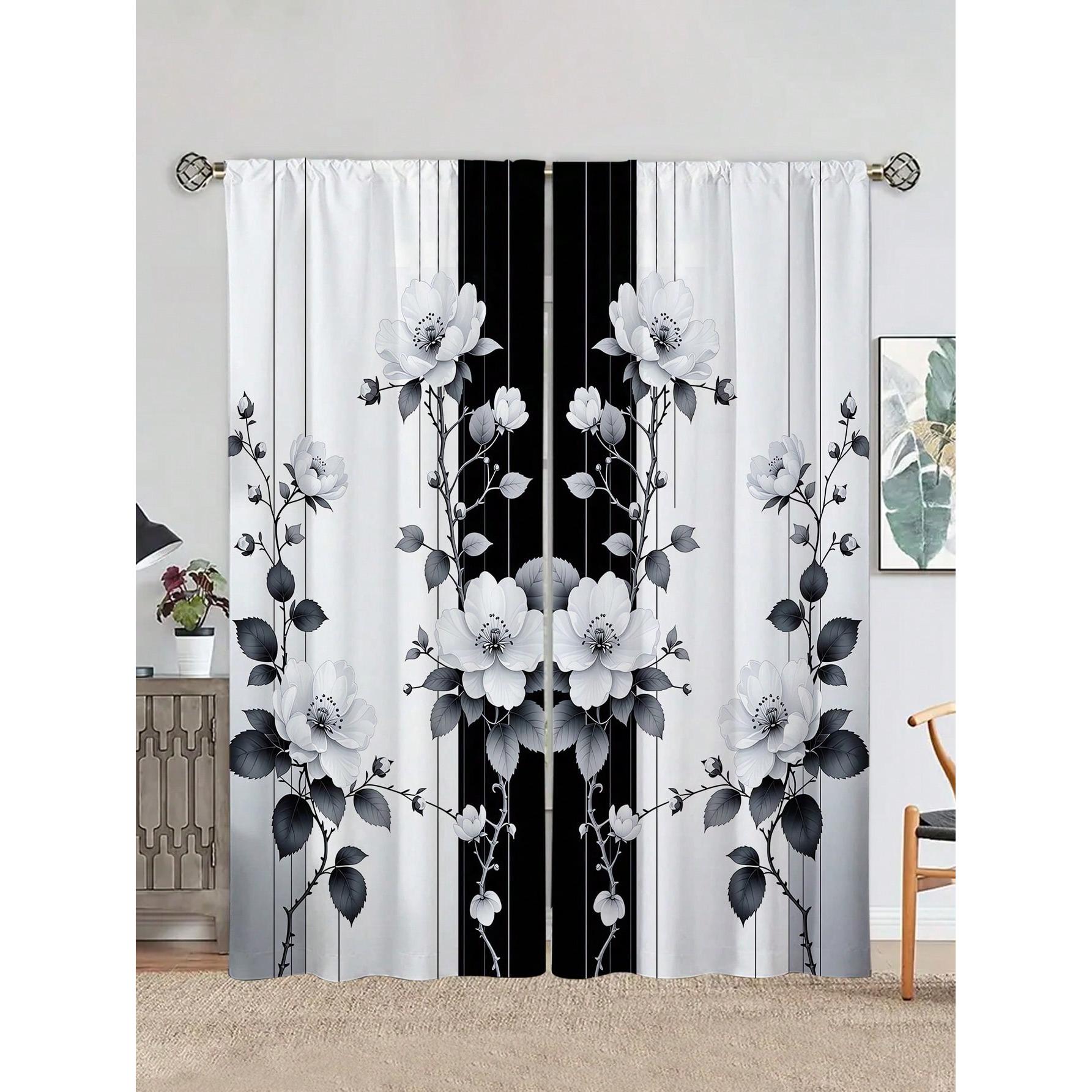 

2 шт. штор с принтом полос и цветов, без отверстий, для спальни, офиса, кухни, гостиной, кабинета, дома 53x116cm 2pc&Without mount