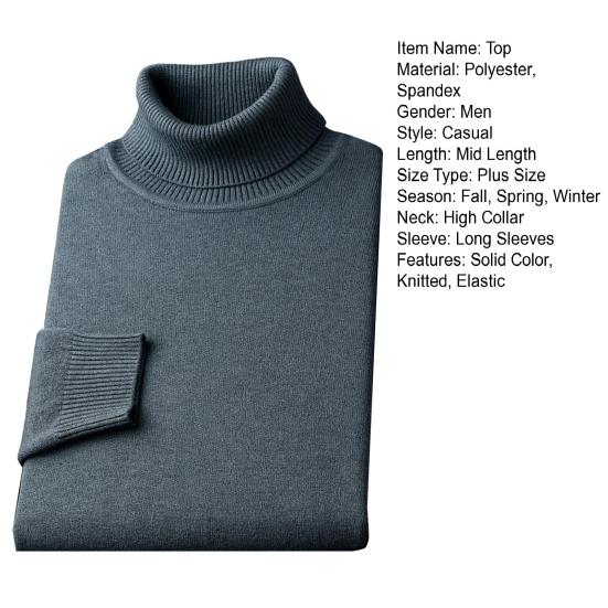 Auutmn Winter Men Top High Collar Slim Fit Knitted Solid Color Elastic Sweater Plus Size Pullover Mid Length Sport Daily Wear School Sweater