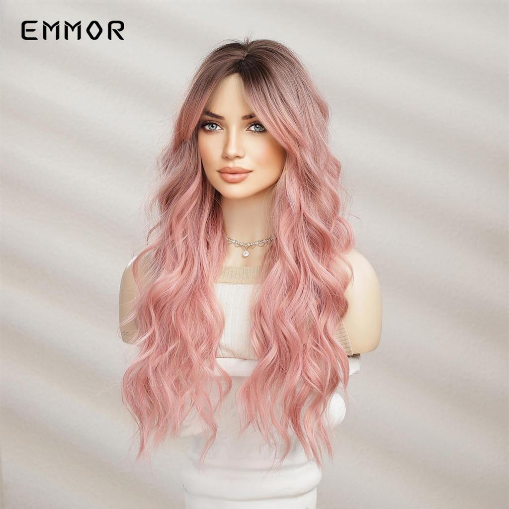 ALAN Synthetic Long Wavy Wigs with Bangs for Women Cosplay Natural Ombre Black To Pink Hair Wig High Temperature Fiber