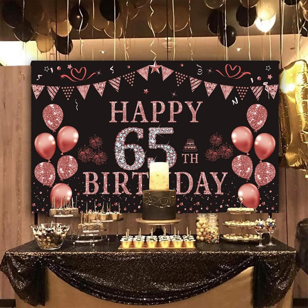Trgowaul 65th Birthday Decorations for Women 65 year old Rose Gold Birthday Backdrop Banner 5.9 X 3.6 Fts Happy Birthday Party Suppiles Photography