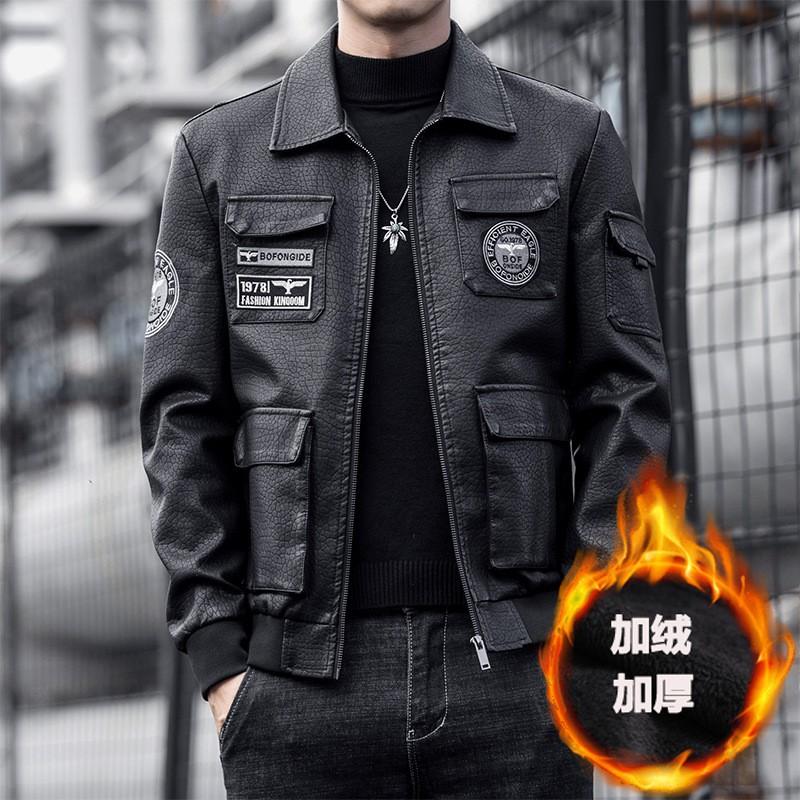 Mens Plus Size Winter PU Leather Jacket Fleece Lined Thickened Biker Coat Slim Fit Embroidered Trendy Streetwear