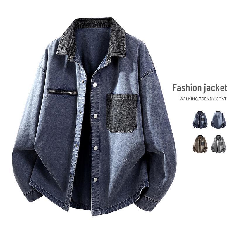 Men's Spring 2026 Retro Washed Cotton Jacket with Patchwork Lapel - Casual Trendy Outerwear