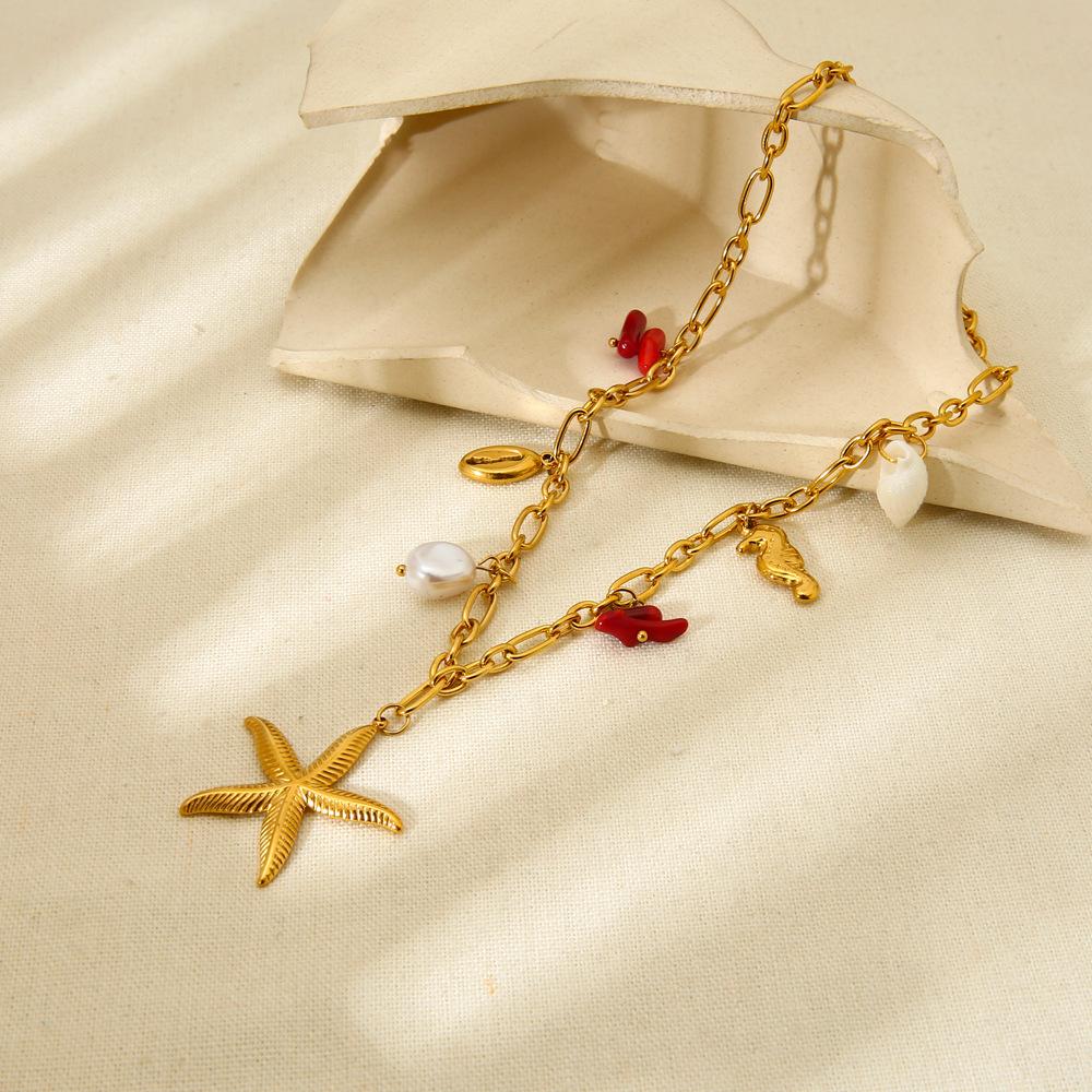 Summer Vacation Wind Plated 18k Gold Seahorse Starfish Pendant Necklace Stainless Steel Imitation Pearl Pendant Jewelry Women