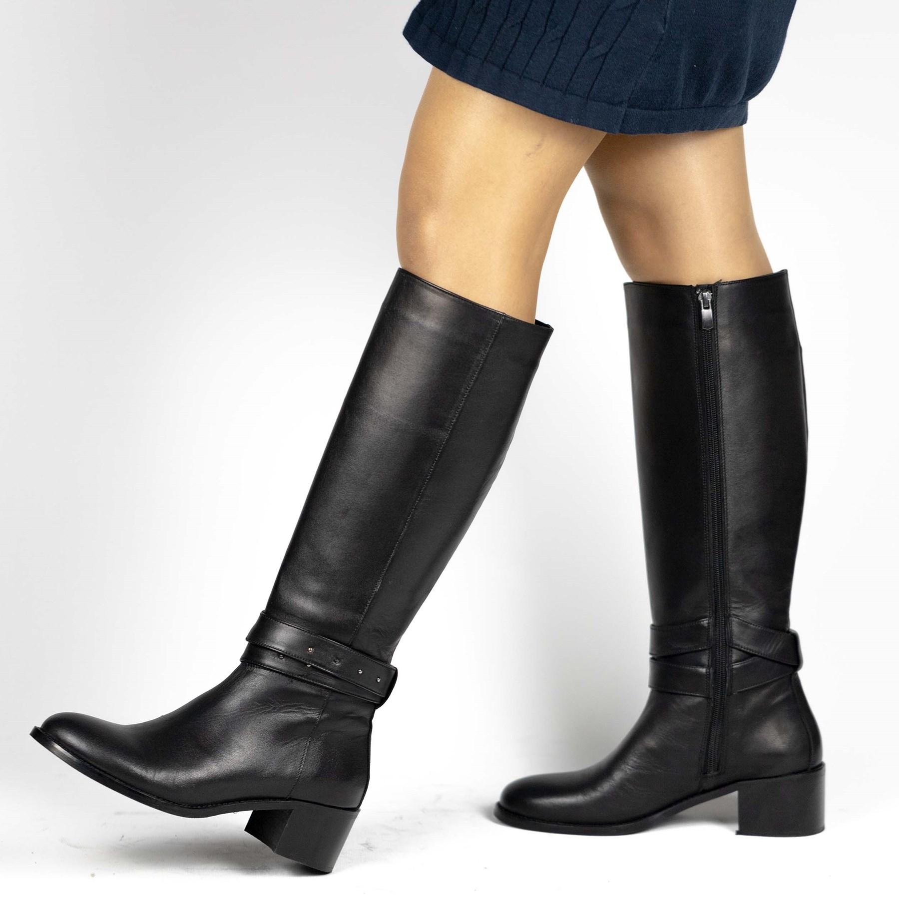 

Женский пояс из натуральной кожи, высокие сапоги на среднем каблуке 36 чёрный