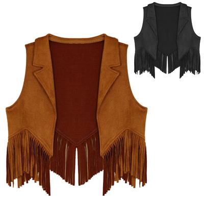 Girl Western Cowboy Cosplay Costume Suede Open Front Tassels Fringe Vest Halloween Role Play Cowboy Costume