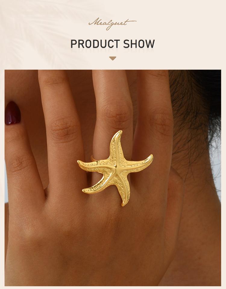 Starfish Open Rings for Women, Stainless Steel Adjustable Ring Beach Sea Ocean Fashion Jewerly Gift