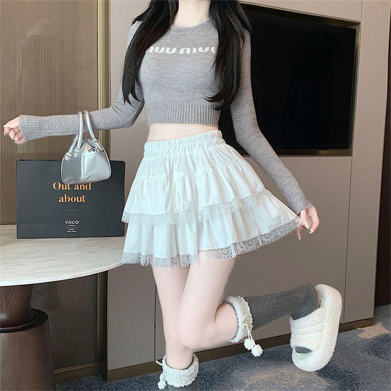 Women's Summer 2025 High Waist Lace Trim A-Line Ballet-Style Midi Skirt