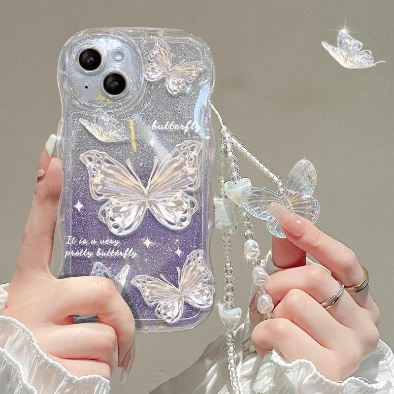 Glitter Butterfly Gradient Lanyard Case For iPhone 14 13 15 16 Pro Max 12 11 X Xr Xs 8 7 Plus Hand Wrist Chain Soft Wave Cover