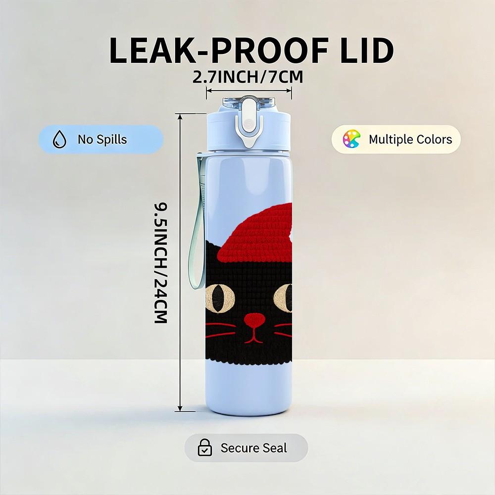1PC Santa Hat Black Cat 750ml Color Plastic Sports Water Bottle Leakproof Flip Straw Lid Suitable for Sports Office Home Use