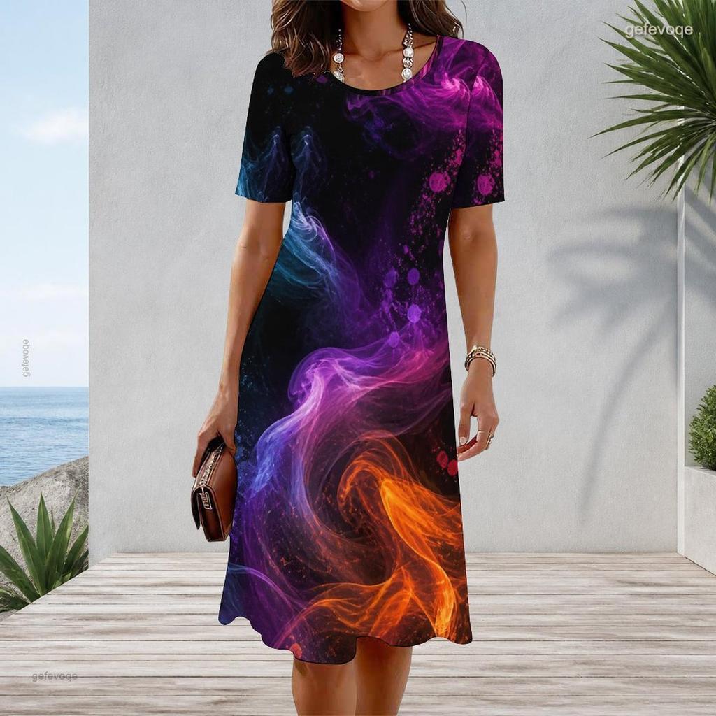 Women Plus Size Round Neck Short Sleeve Rainbow Printed A Line Dress