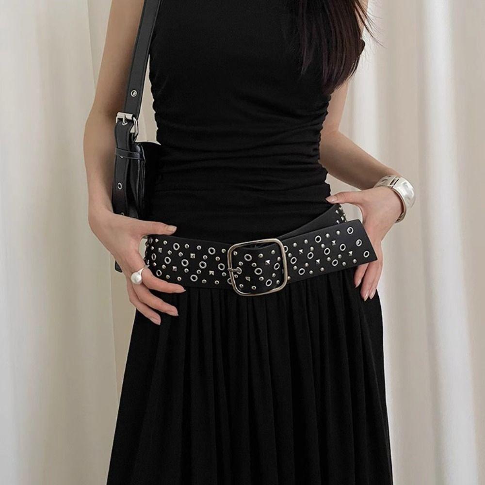 Harajuku Wide Waistband Rivet PU Leather Belt Retro Cowgirl Belt  Dress