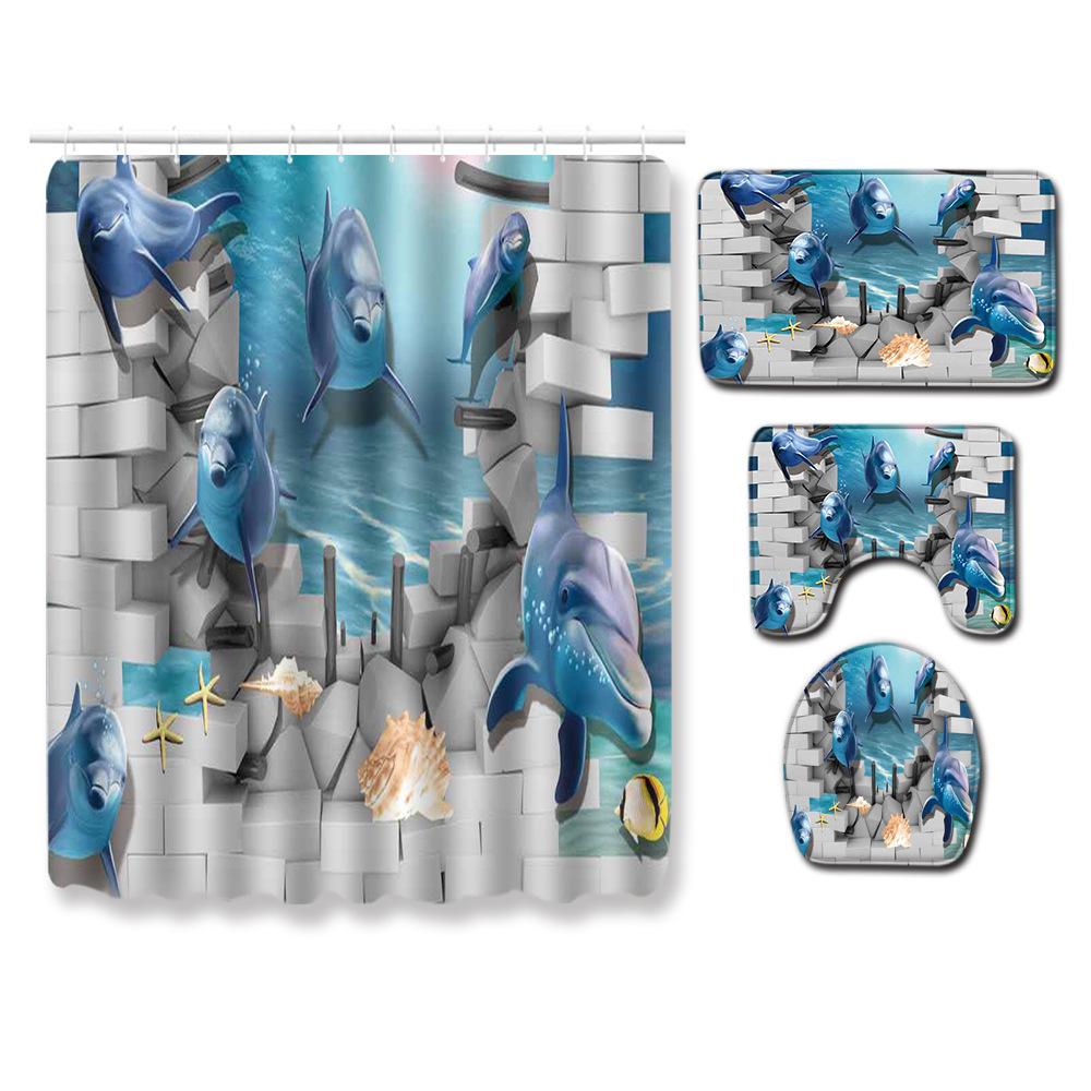 Fashion Sea World Dolphin Shower Curtain Set Bathroom Non-Slip Bath Mat Toilet Lid Cover Polyester Waterproof