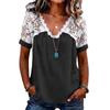 Women’s Short Sleeve Lace Patchwork Blouse V Neck Casual Loose Fit Top with Floral Crochet Design for Daily Wear