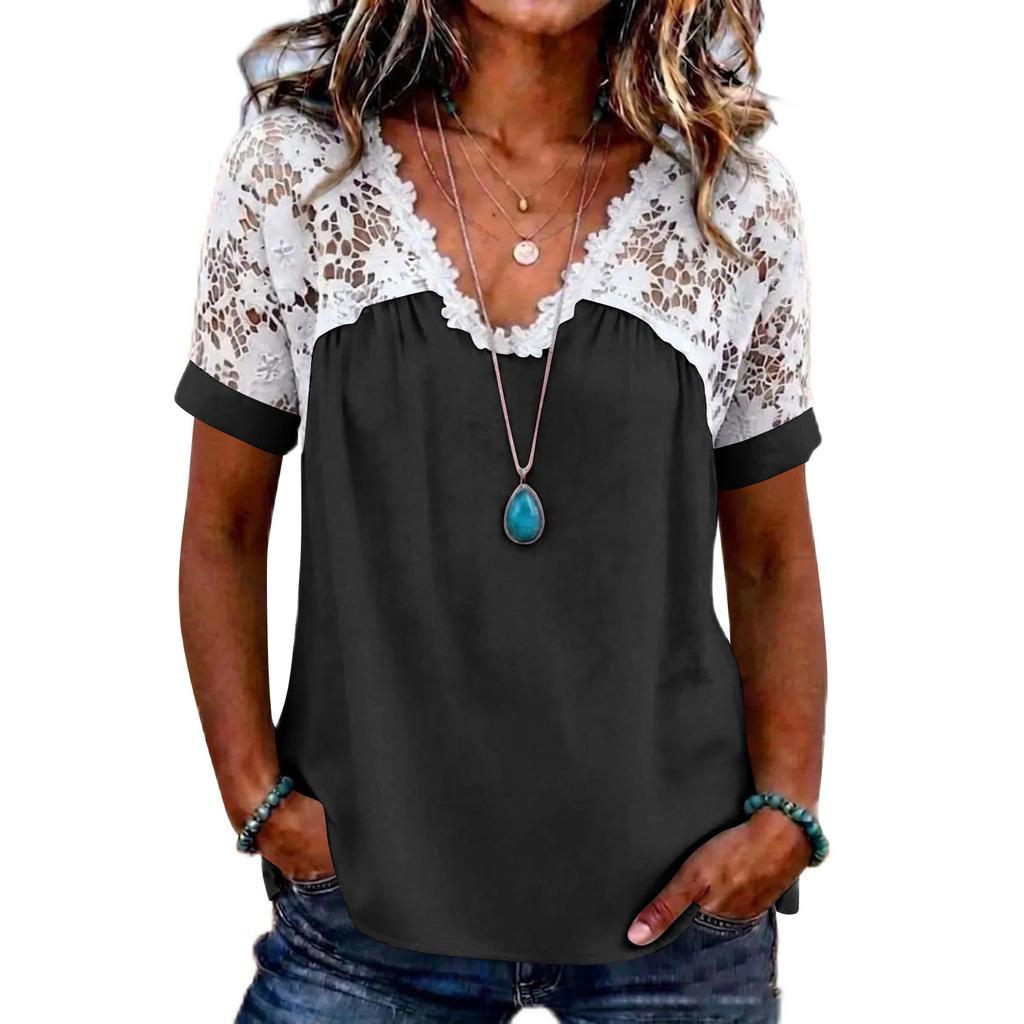 Women’s Short Sleeve Lace Patchwork Blouse V Neck Casual Loose Fit Top with Floral Crochet Design for Daily Wear
