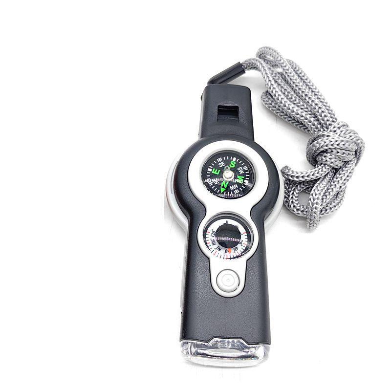 Outdoor 7-in-1 Multifunctional Survival Whistle with LED Light, Thermometer, and Compass серый