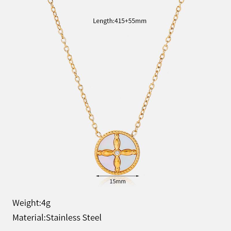 European and American Ins Stainless Steel 18K Gold Necklace Fashion Colored Diamond Round Pendant Light Luxury Four-leaf Clover Collarbone Chain Set