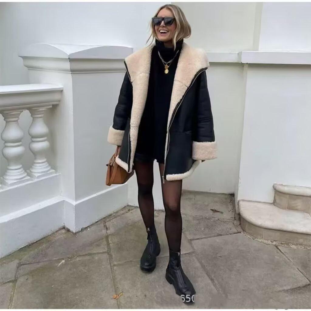 Jachetă de Cașmir și Piele pentru Femei în Stil European și American cu Guler de Blană