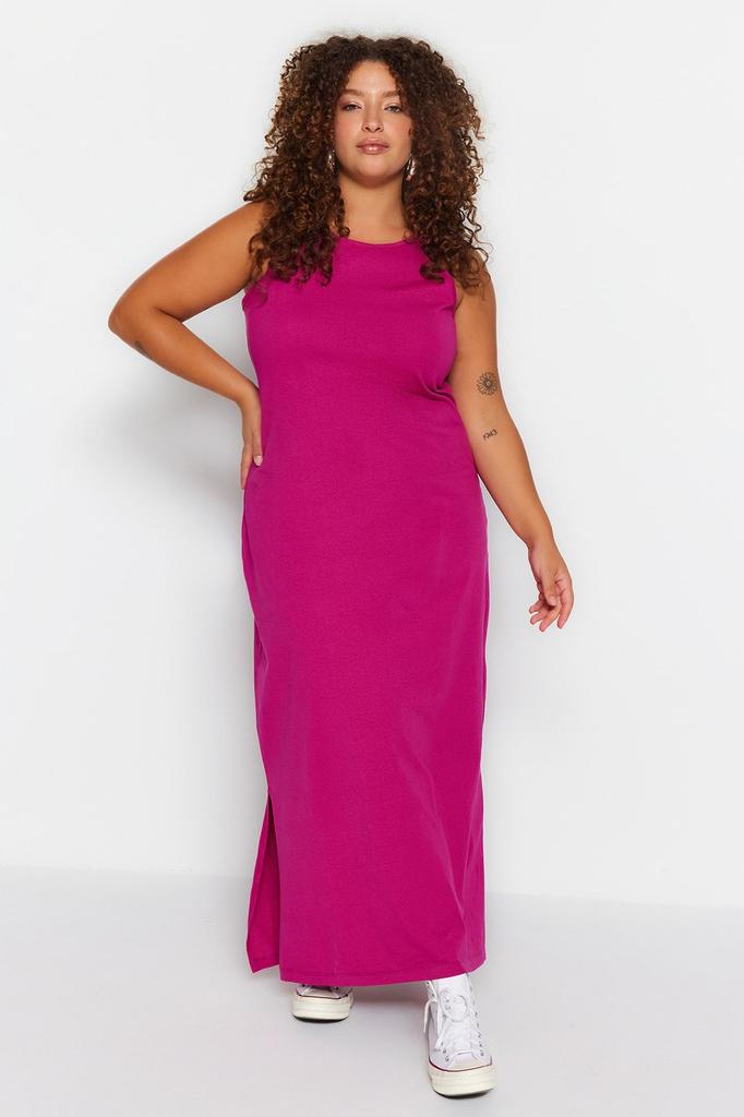 Women's Style Plus Size Fuchsia Shift Crew Neck Slit Knitted Dress