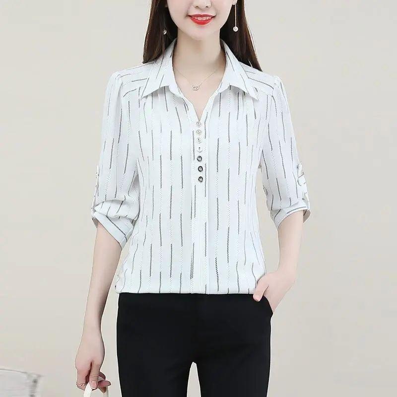Women's Cream Striped Blouse Convertible Sleeve Office Shirt