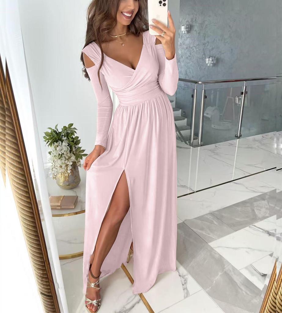 2021 New Autumn/Winter V-Neck Long Sleeve Slit Hem Dress for Women