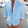 Men Summer Shirt Long Sleeve Stand Collar Single-breasted Casual Buttons Daily Wear Slim Fit Solid Color Beach Shirt Male Clothes