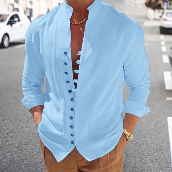 Men Summer Shirt Long Sleeve Stand Collar Single-breasted Casual Buttons Daily Wear Slim Fit Solid Color Beach Shirt Male Clothes