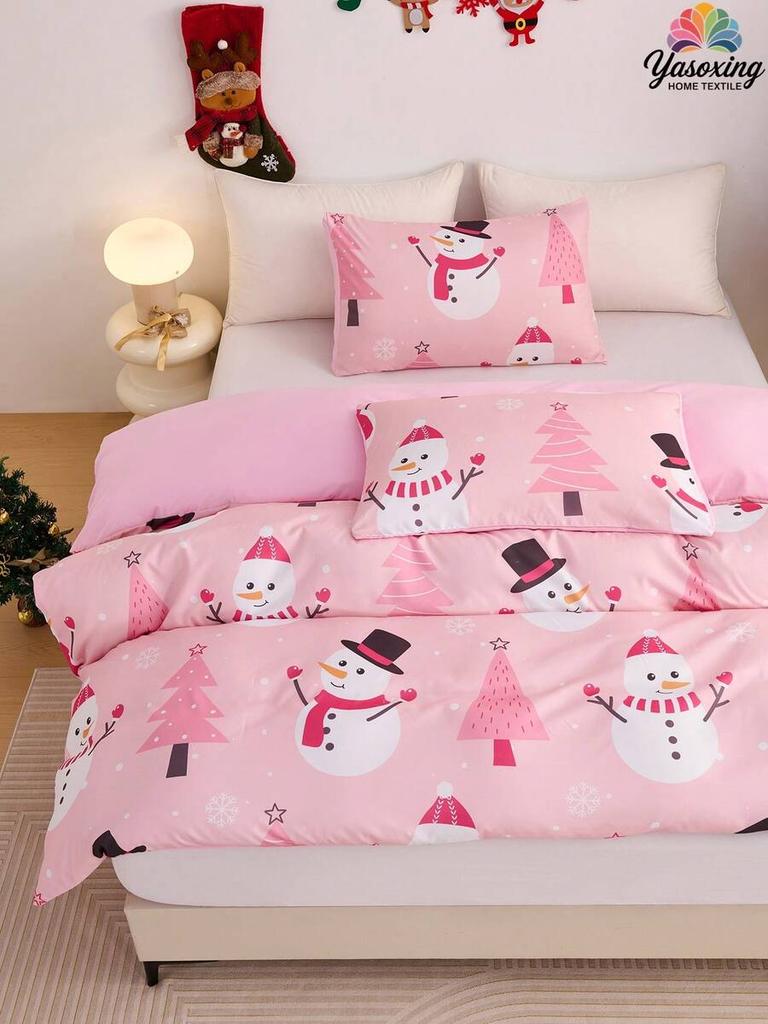 2/3pcs Pink Christmas Snowflake Gift Gingerbread Man Snowman Pattern Reversible Color Duvet Cover Bedding Set, Soft Breatheable