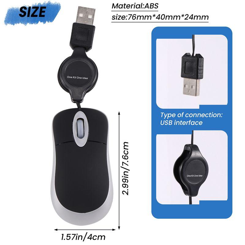 AEE4-Mini USB Wired Mouse Retractable Cable Tiny Small Mouse 1600 DPI Optical Compact Travel Mice For Windows 98 2000 XP Vista V