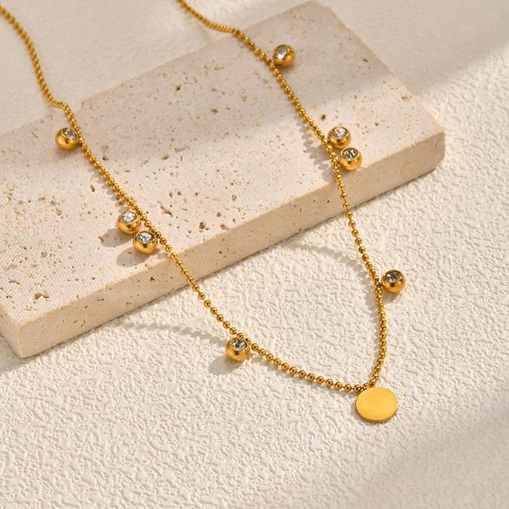 Wind Jewelry, Stainless Steel Disc Bead Chain Necklace, Slightly Inlaid Zircon Women'S Collarbone Chain Nc-2491