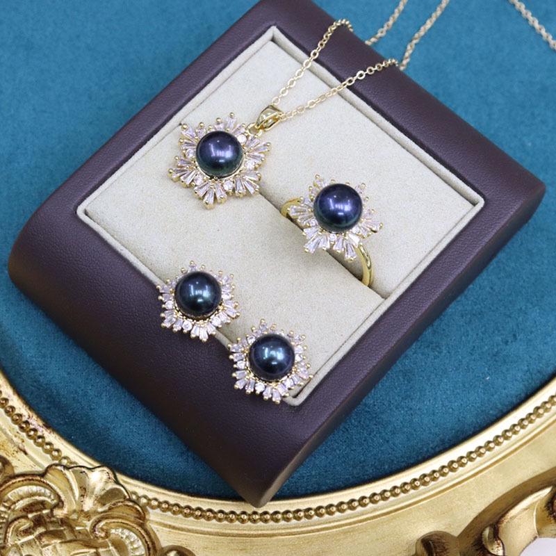 18K Gold-Plated Freshwater Pearl Jewelry Set: Necklace, Earrings & Ring with Micro-Pave Diamonds (9-10mm Pearls).