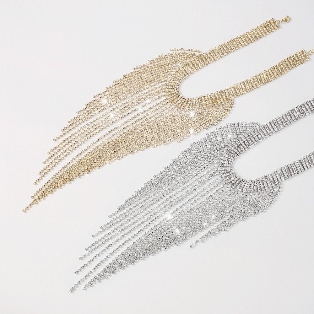 Korean Style Long Tassel Necklace Geometric Clavicle Chain Elegant Full Rhinestone Necklace  Women