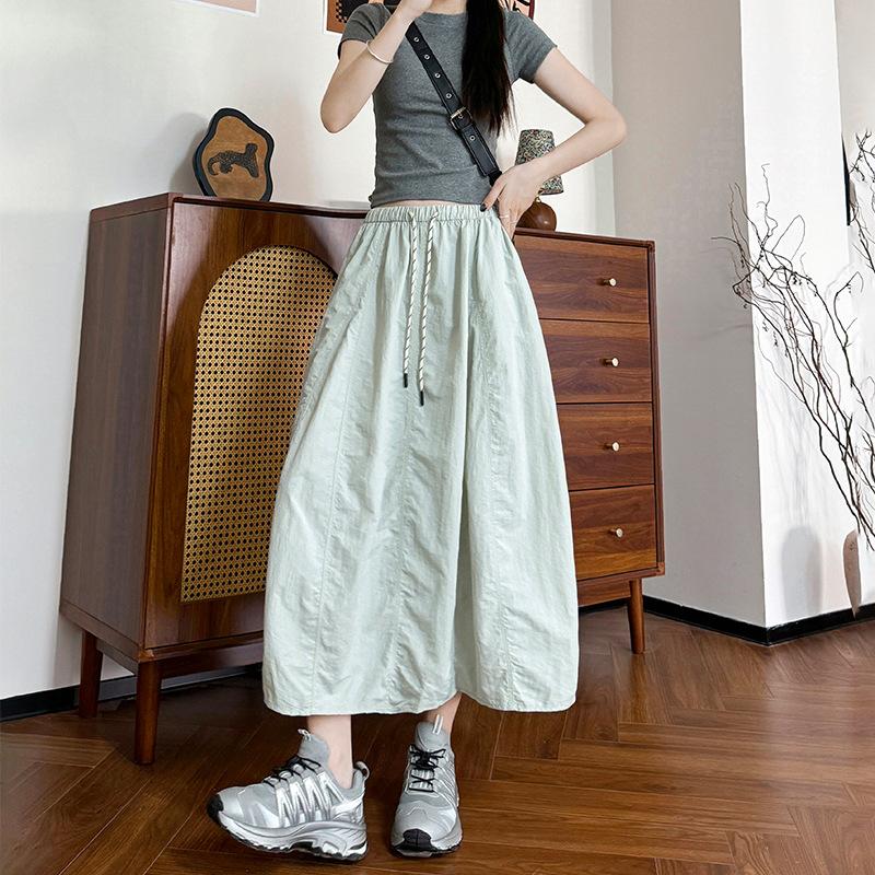 Women s High Waist Drawstring A-Line Midi Skirt Casual Loose Umbrella Skirt S