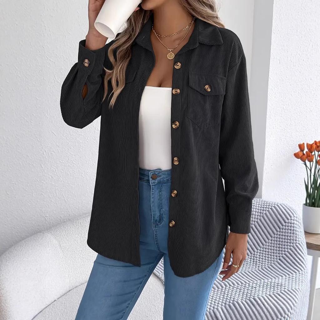 Women's Corduroy Shirt Jacket Turn‑down Collar Long Sleeve Single Breasted Loose Solid Color Fall Shacket With Pockets