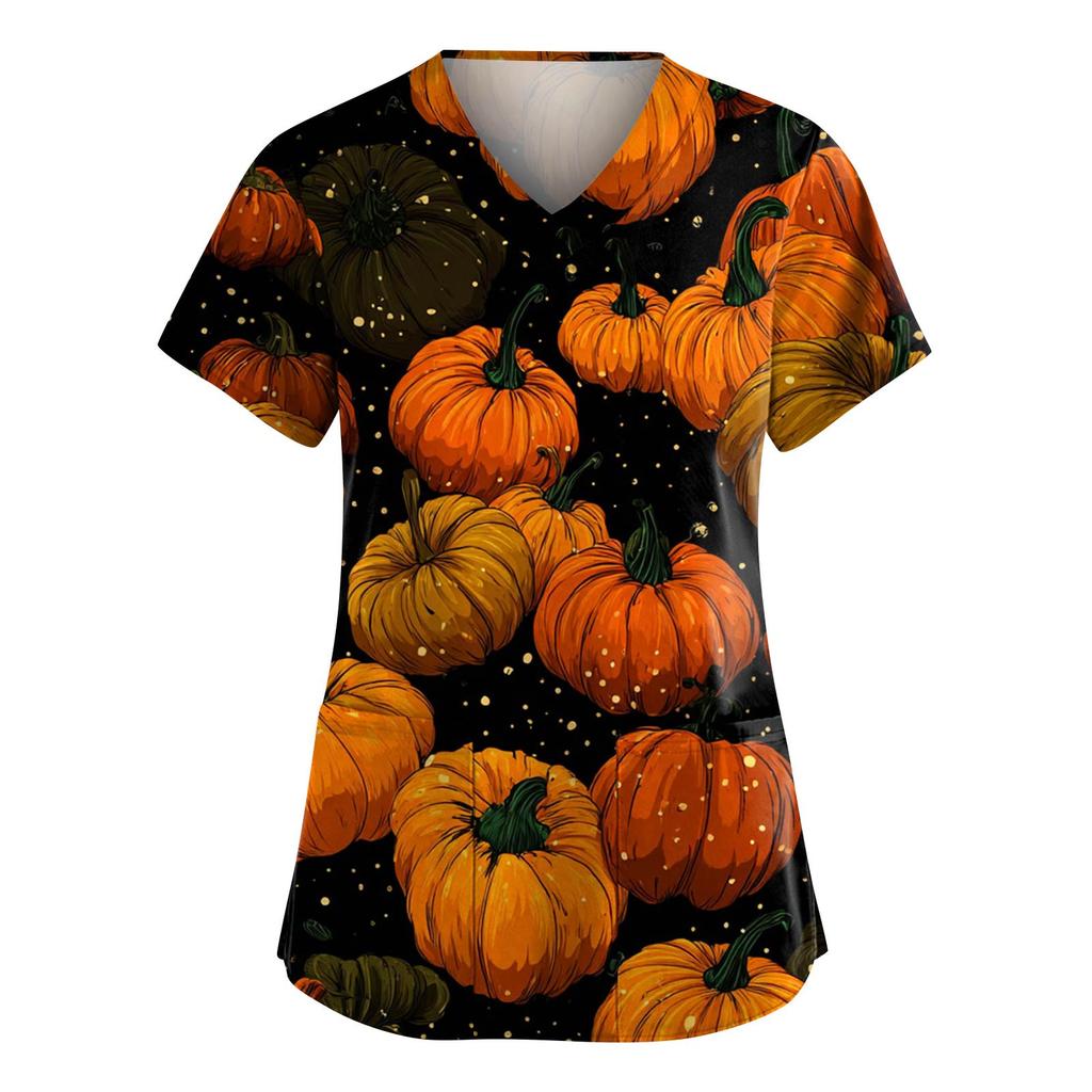 Women's Fashion V-Neck Short Sleeve Overalls With Pockets Halloween Printed Tops  Apparel