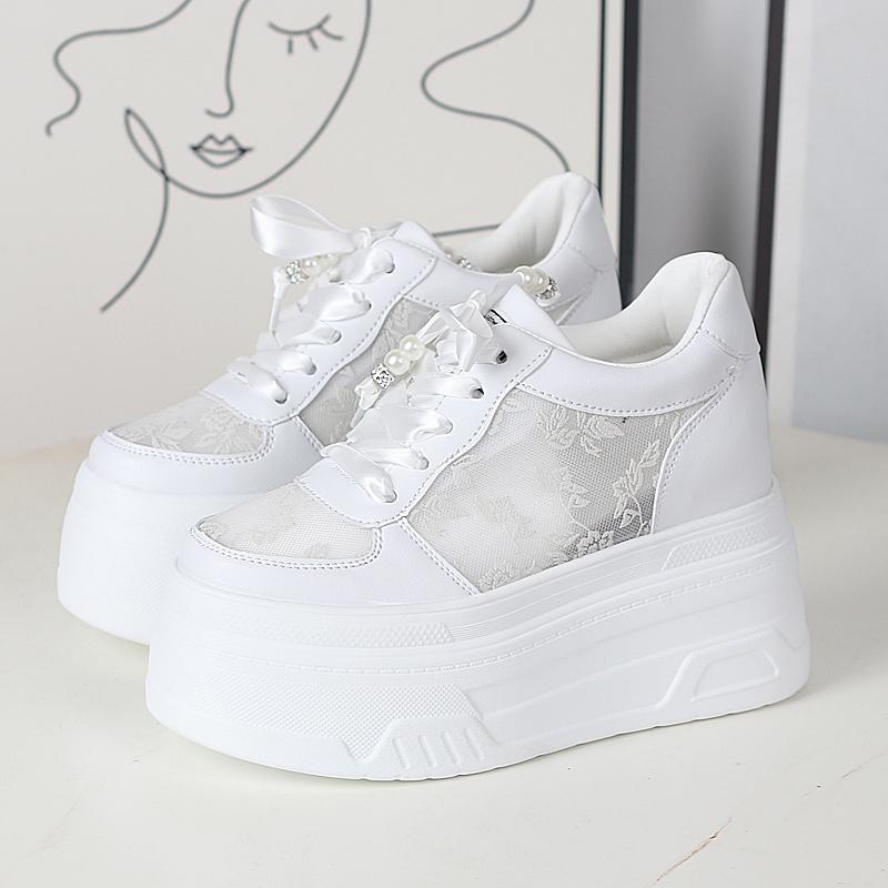 Fashion 12CM Air Mesh Genuine Leather Loafer Platform Wedge Flats Comfy Chunky Sneaker Hollow Women Sandals Vulcanize Summer Shoes