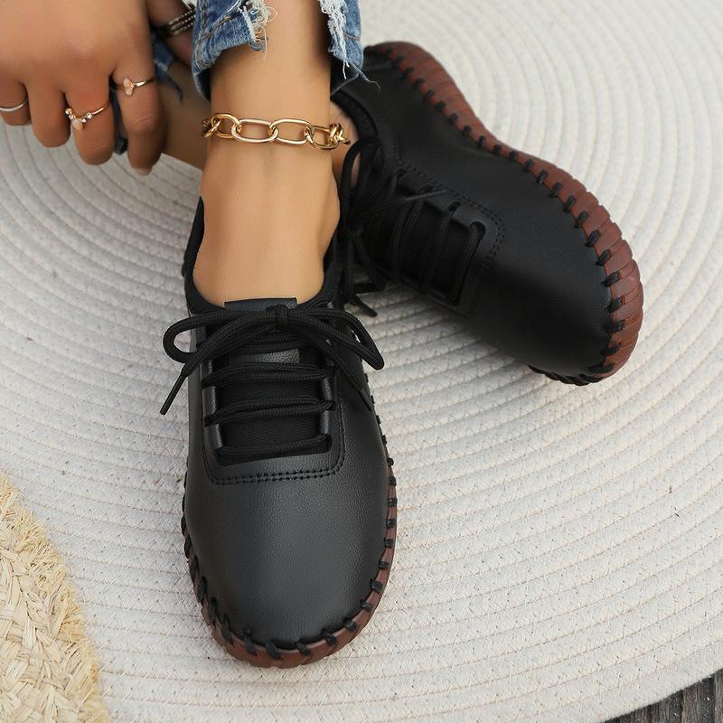 2024 Spring New Handmade Sewing Women's Singles Shoes, Mom's Shoes, Lace Up Round Head Soft Soled Shoes, Large Breathable Board Shoes