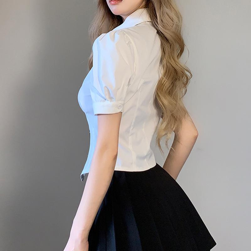 Retro College Style Striped Tie Turn-Down Collar Slim Short Sleeve White Shirt Women's Summer Short Top