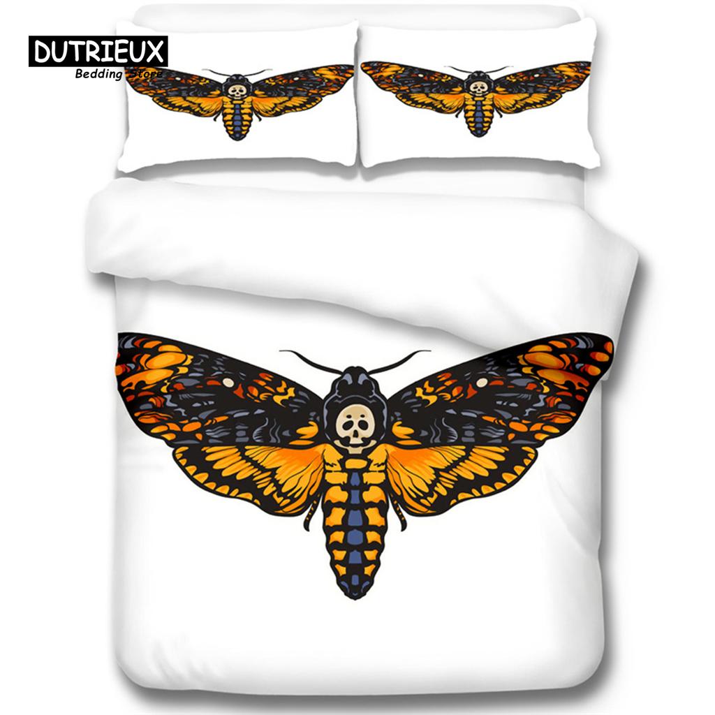 Gothic Skull Bedding Set Death Moth Flowers Print Duvet Cover Skeleton Bones Butterfly Pillowcases