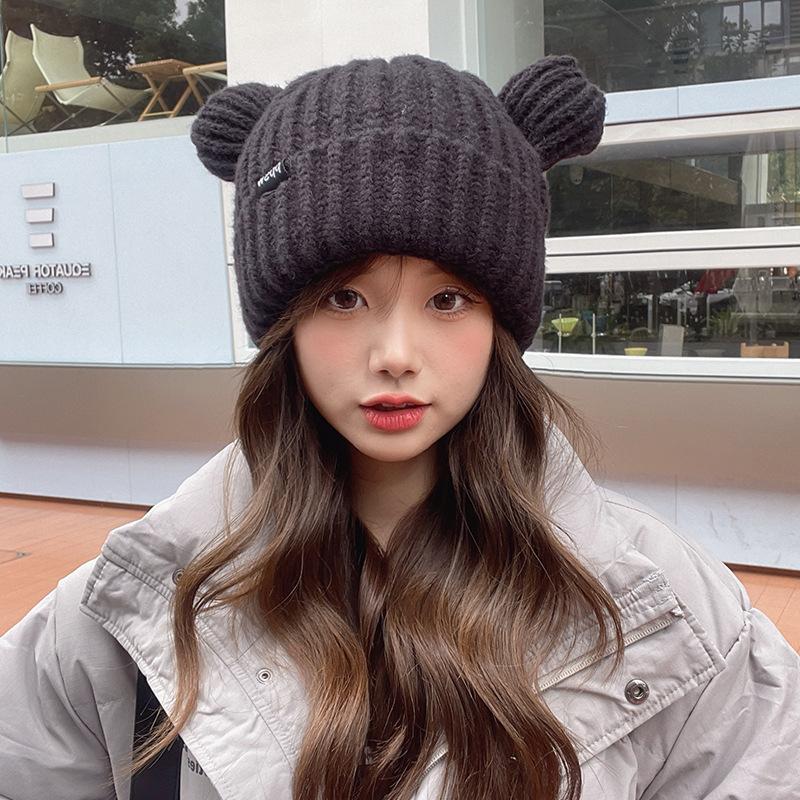 Bear Ear Hat Female Winter Cute Big Head Circumference Knitted Wool Hat Thickened Warm Ear Protector Head Cold Hat