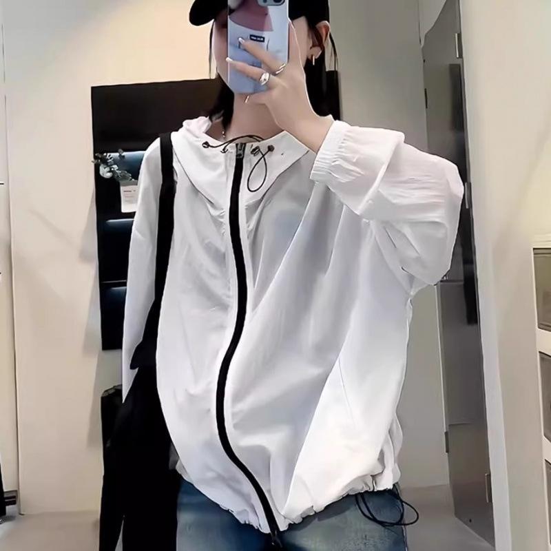 Women's Summer New Breathable Contrasting Zipper Loose Hooded Casual Thin Jacket with Sun Protection Clothing