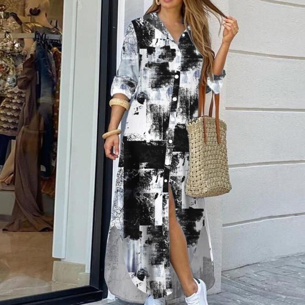 Autumn Long Dress Long Sleeve Shirt Dress Women Denim Long Dresses Pocket Button Shirt Print Dress Casual Loose Dresses