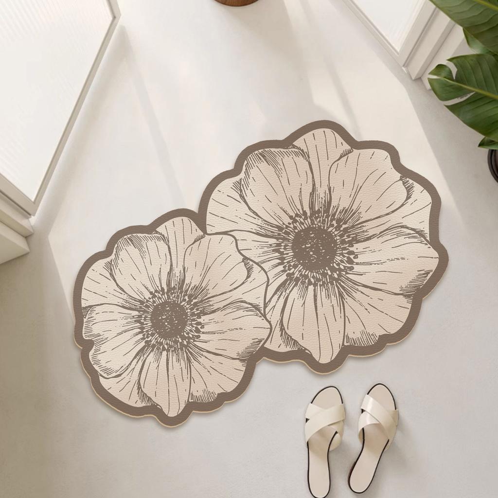 Rose Double Flower Luxury Absorbent Leather Floor Mat Non Slip Bathroom Entrance Mat Home Toilet Mat
