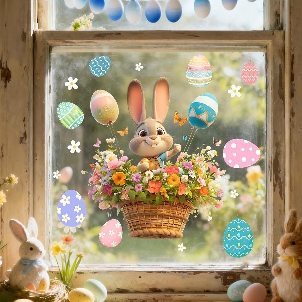 New Easter Flower Rabbit Sticker Self-Adhesive Waterproof Festival Party Sticker PVC Removable Wall Stickers Window Decoration