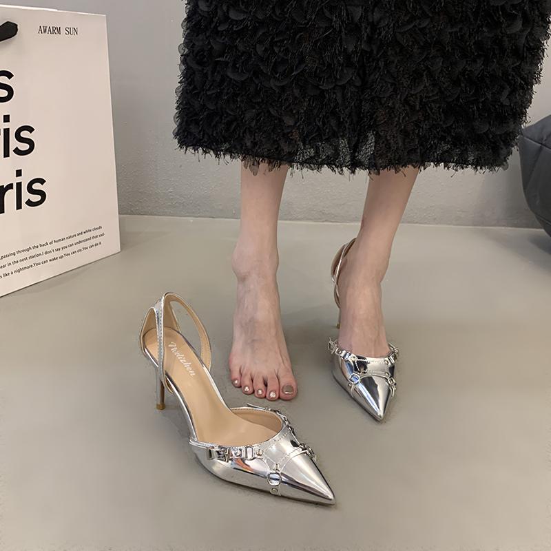 New Style High Heels Sandals Women Summer Punk Goth Pointed Toe Party Shoes Woman Metallic Thin Heeled Dress Pumps Ladies 2025