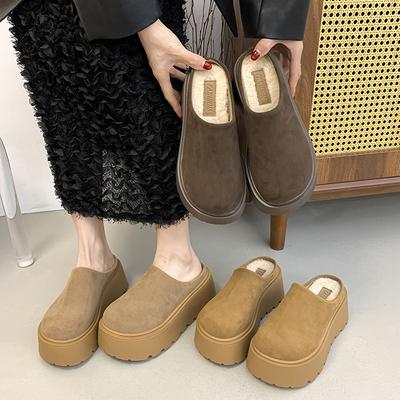 Sponge Cake Thick-soled Bag Head Fleece Cotton Slippers Women Wear Retro Soft Leather Versatile In Autumn and Winter, Small Height-increasing Fluffy 